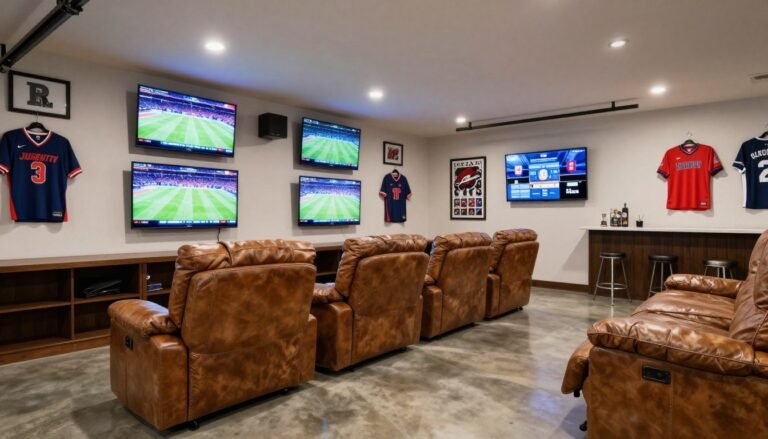 Sports-themed man cave garage with multiple screens, team memorabilia, and comfortable seating