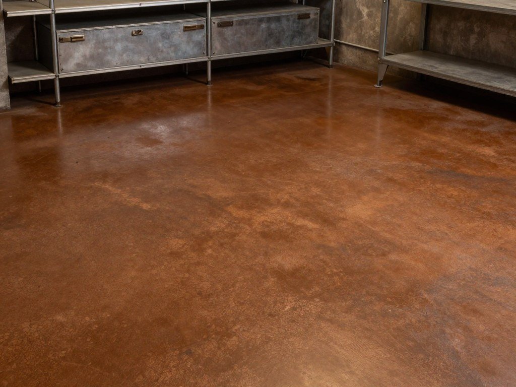 Stained concrete floor in an industrial-style garage man cave