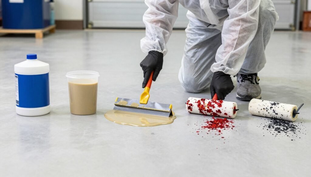 Step-by-step epoxy garage floor application process showing mixing, pouring, and spreading Step-by-step epoxy garage floor application process showing mixing, pouring, and spreading