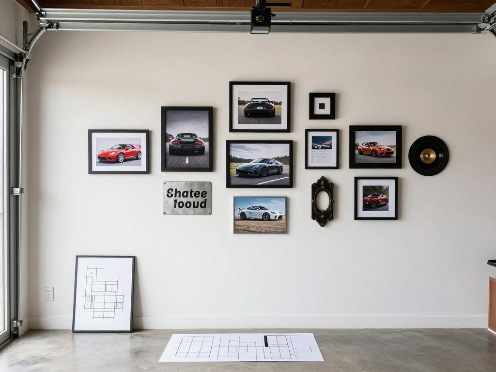 Step-by-step process of creating a balanced gallery wall in a garage space Step-by-step process of creating a balanced gallery wall in a garage space