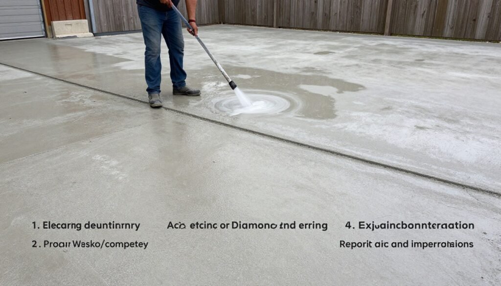 Step-by-step surface preparation for epoxy garage floor showing cleaning and etching Step-by-step surface preparation for epoxy garage floor showing cleaning and etching