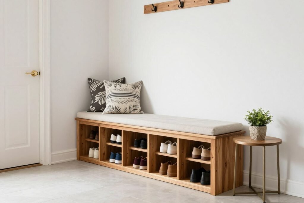 Storage bench in garage entryway with shoe storage underneath and cushioned seating