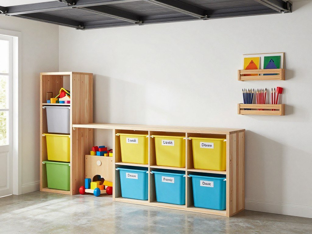 Storage solutions in a garage conversion playroom with labeled bins and accessible shelving