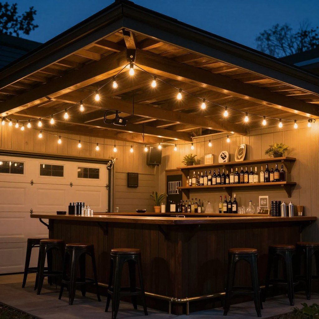 String lights creating ambient atmosphere in garage bar