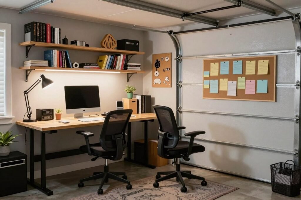 Study area in a converted garage teen suite with desk, chair, and good lighting Study area in a converted garage teen suite with desk, chair, and good lighting