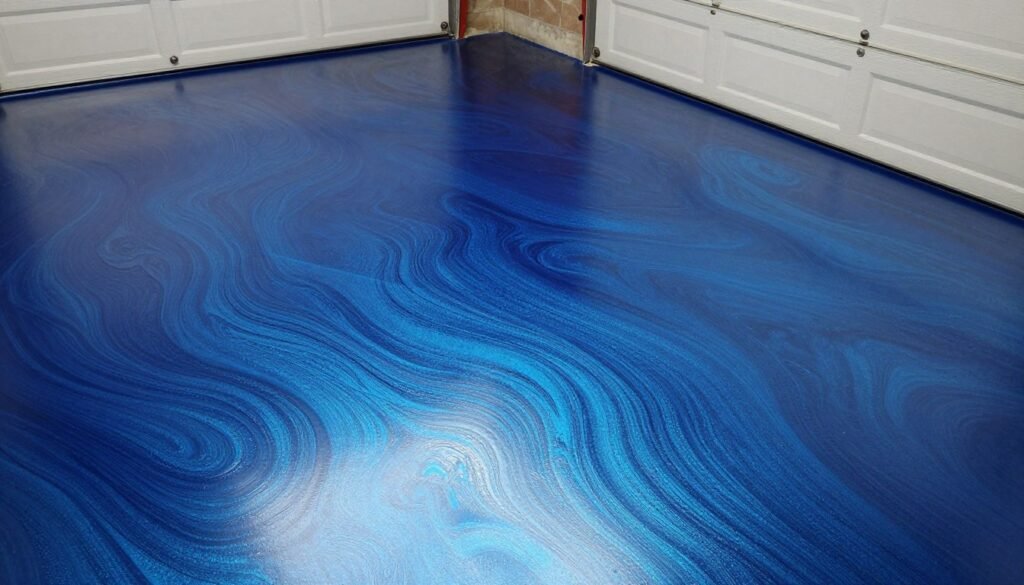 Stunning blue metallic epoxy garage floor with swirling patterns