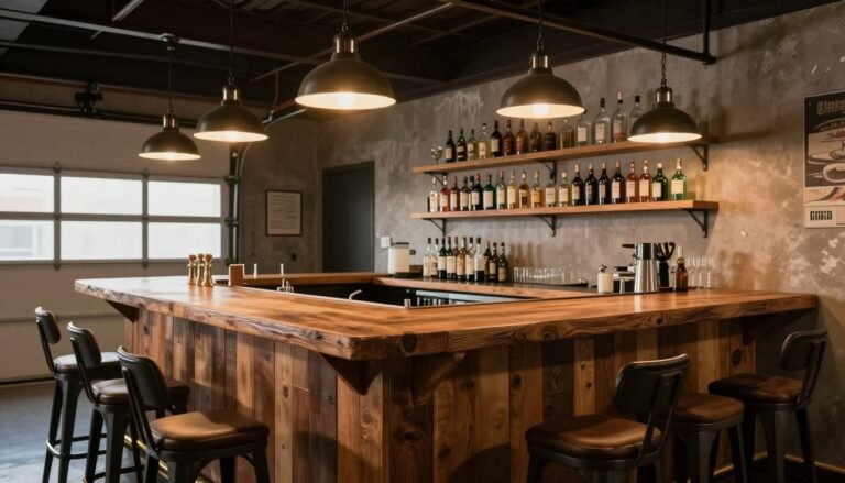 Stylish garage bar with wooden counter and industrial lighting