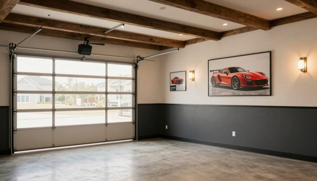 Stylish garage interior with coordinated color scheme and decorative elements