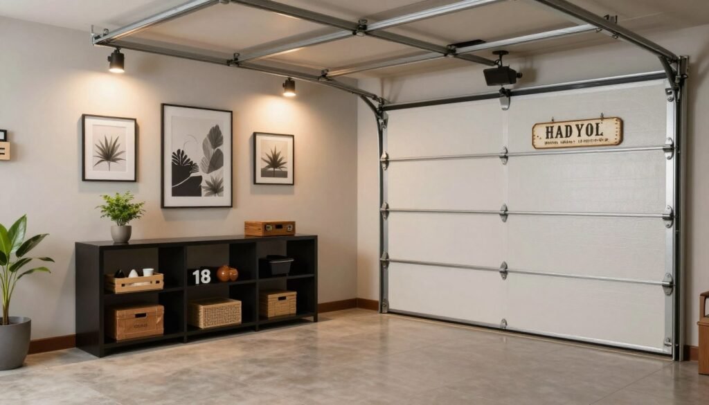 Stylish garage interior with decorative elements, plants, and personalized touches