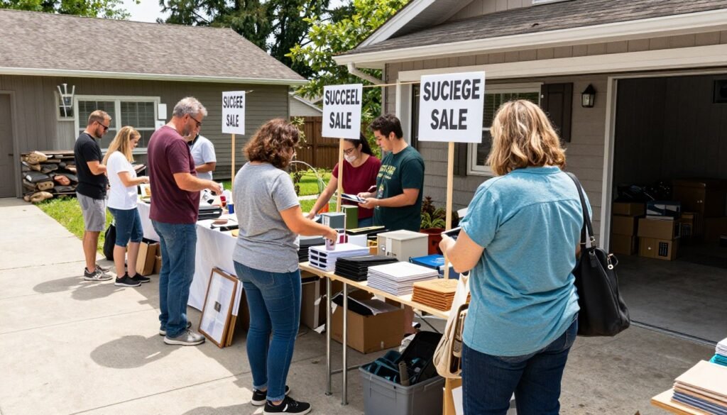Successful garage sale with customers arriving, guided by effective signage