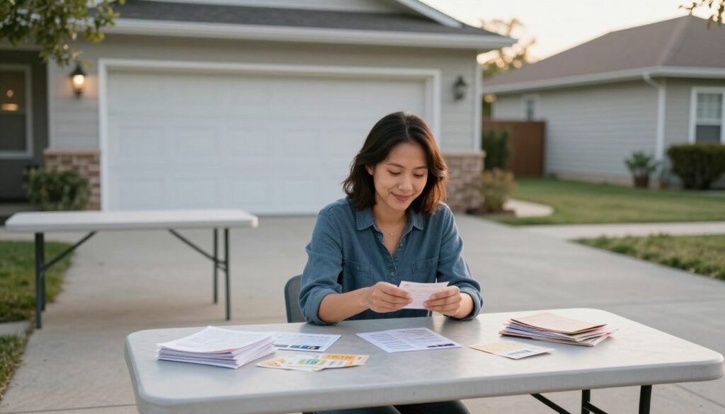 Successful garage sale with happy homeowner counting earnings