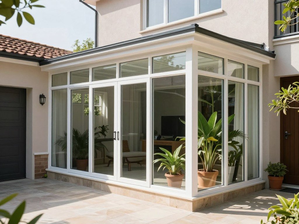 Sunroom style enclosed breezeway with full glass panels and white trim