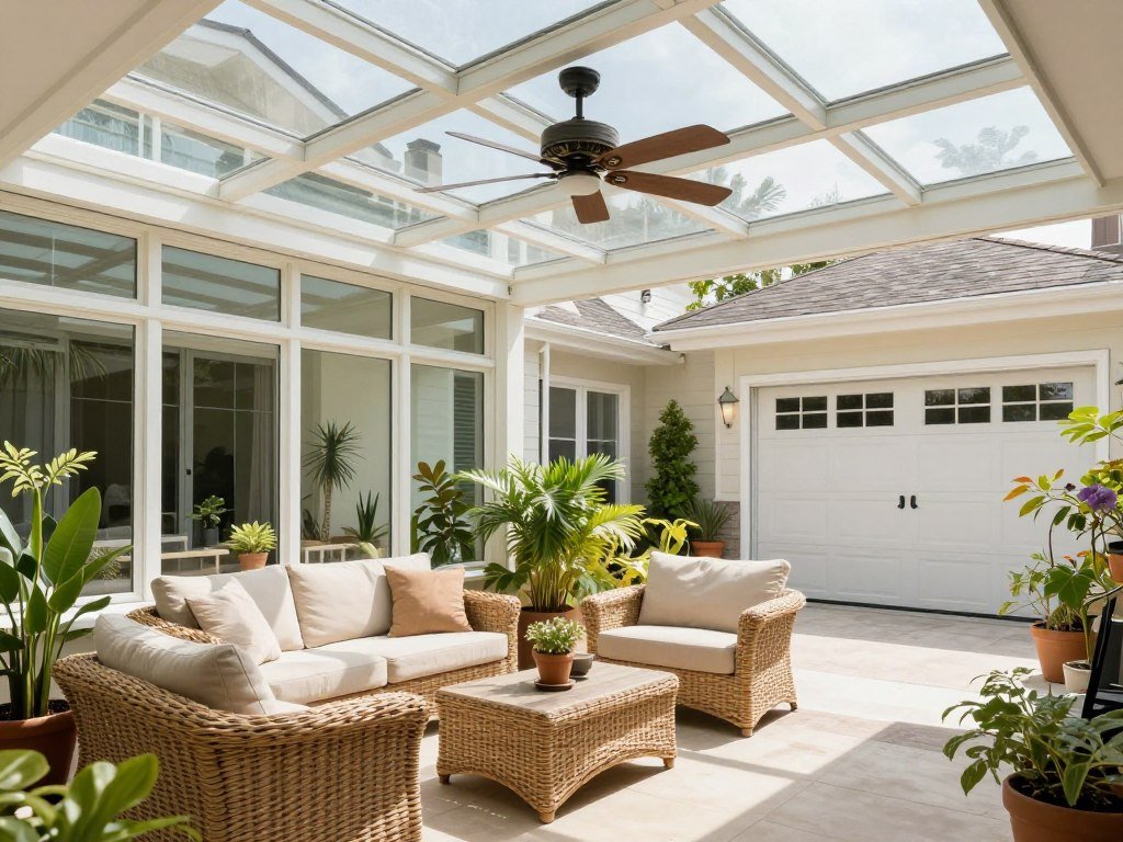 Sunroom-style glass breezeway with comfortable seating and potted plants connecting house to garage Sunroom-style glass breezeway with comfortable seating and potted plants connecting house to garage