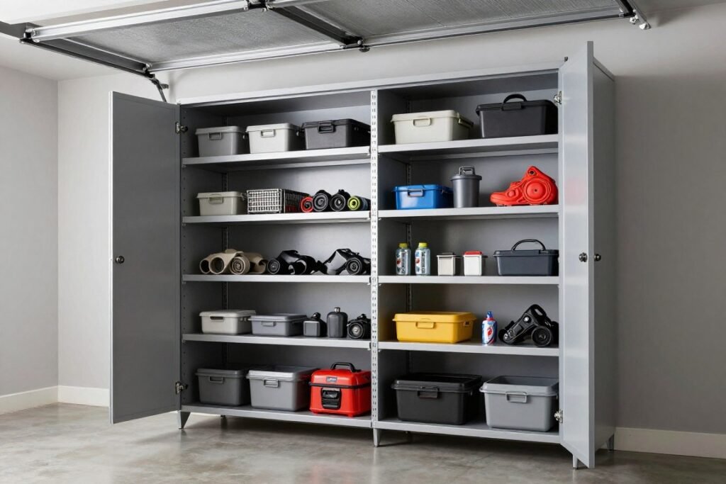 Tall garage storage cabinet with multiple shelves