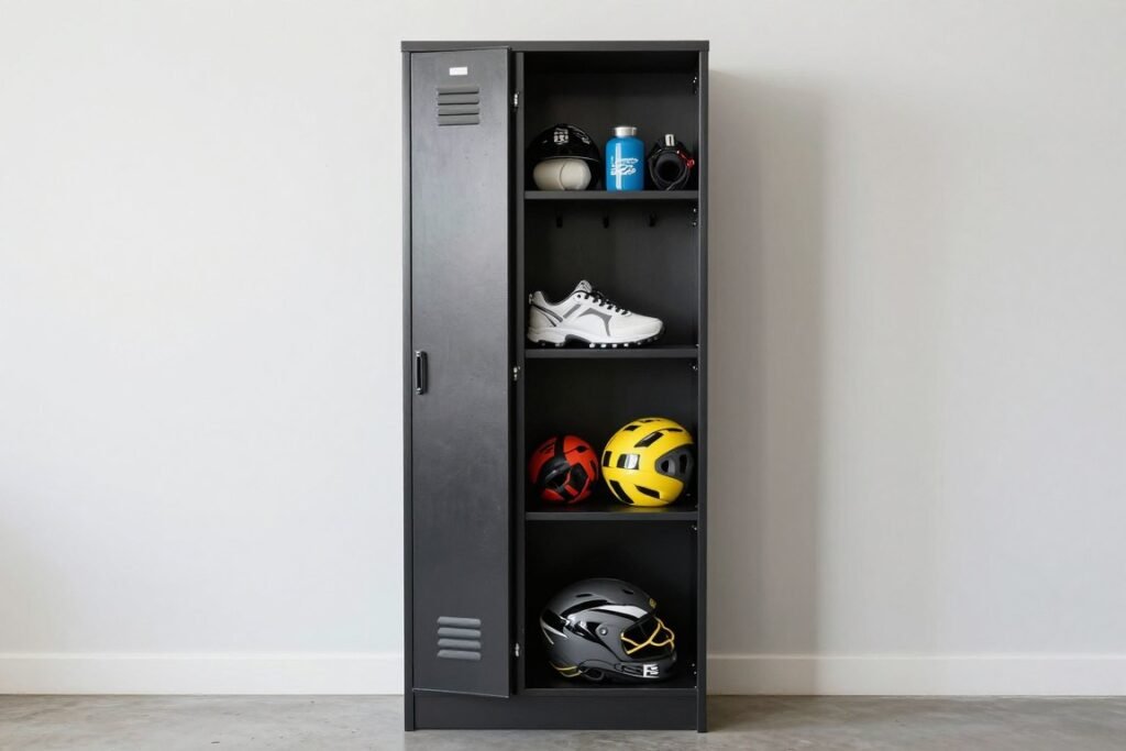 Tall locker-style garage cabinet for sports equipment