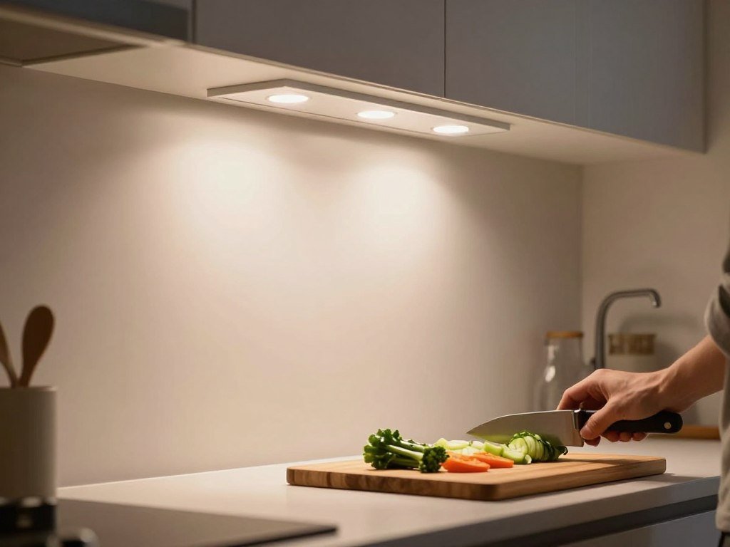 Task lighting illuminating kitchen countertop work area Task lighting illuminating kitchen countertop work area