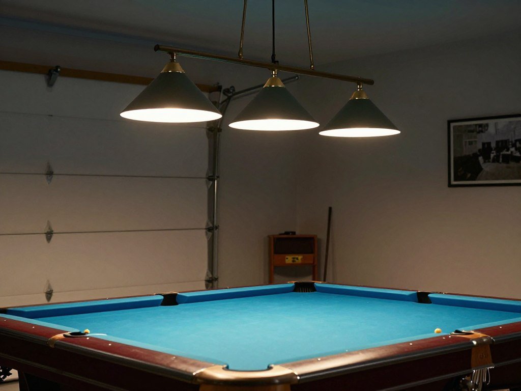Task lighting over a pool table in a garage man cave