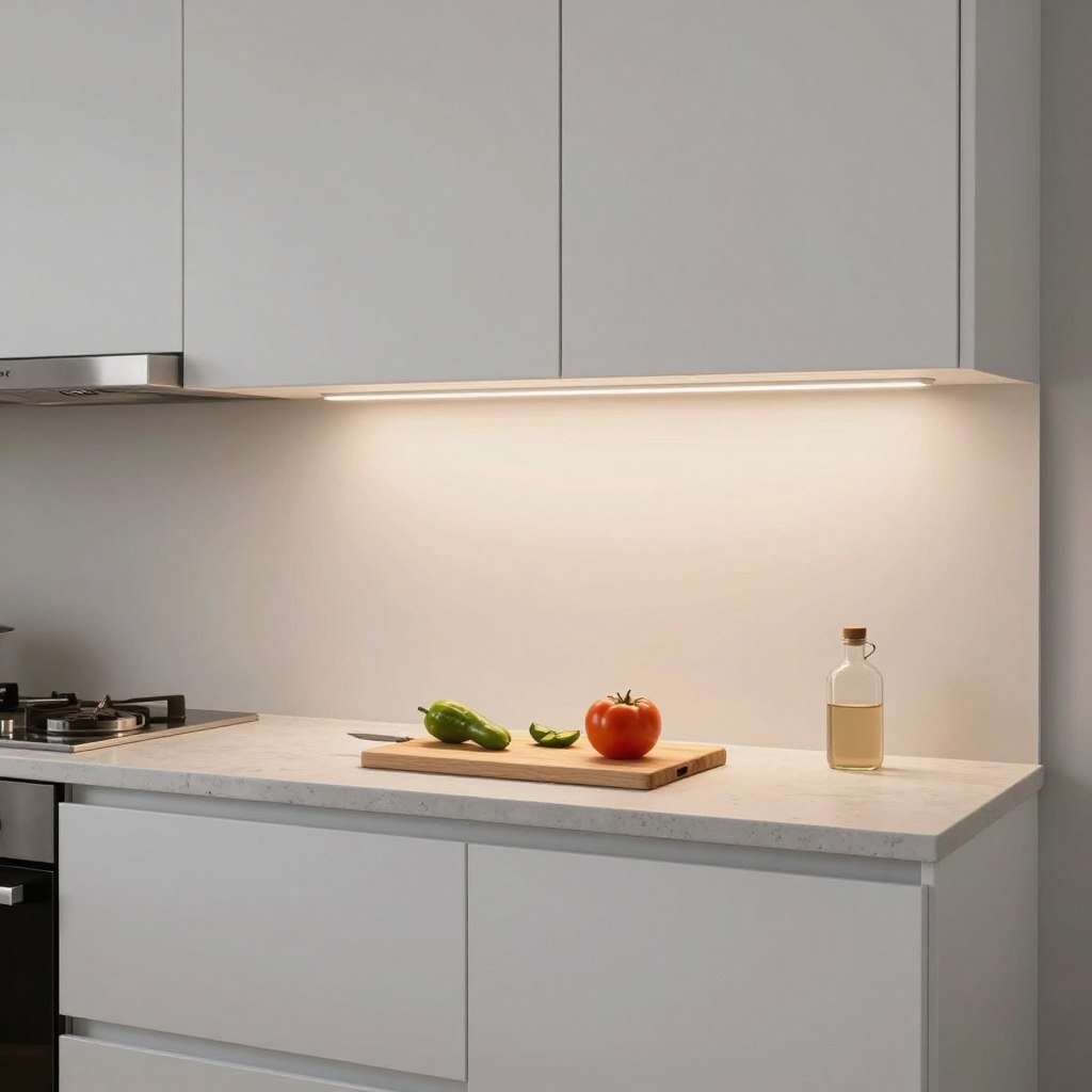 Task lighting under cabinets illuminating a kitchen countertop workspace