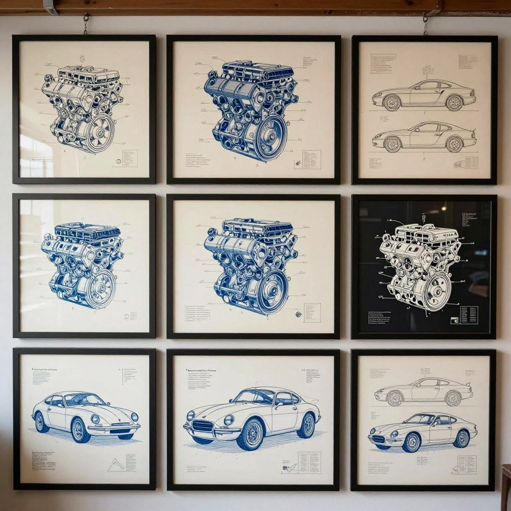Technical automotive blueprints and patent drawings displayed in a garage Technical automotive blueprints and patent drawings displayed in a garage