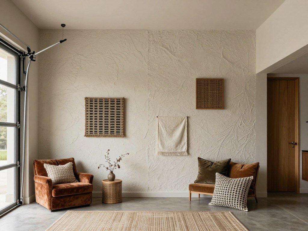Texture and pattern in an above garage apartment interior creating visual interest without overwhelming the space