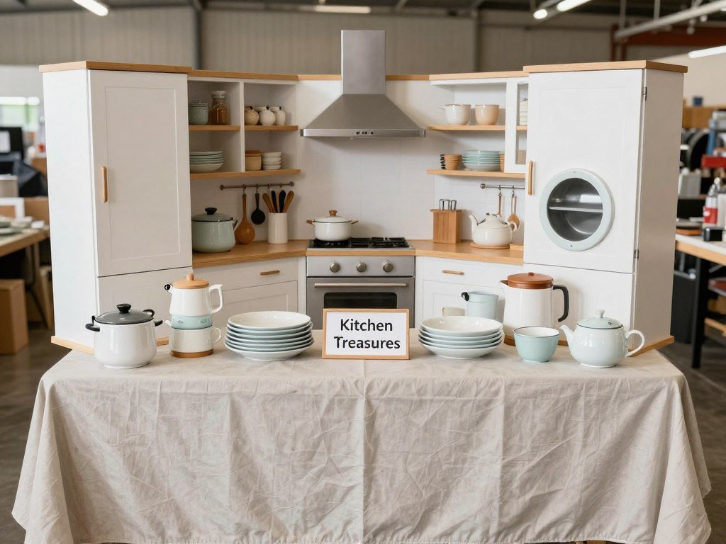 Themed section at garage sale with kitchen items displayed on table