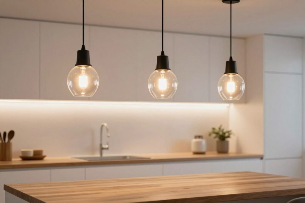 Three black pendant lights hanging over a wooden kitchen island