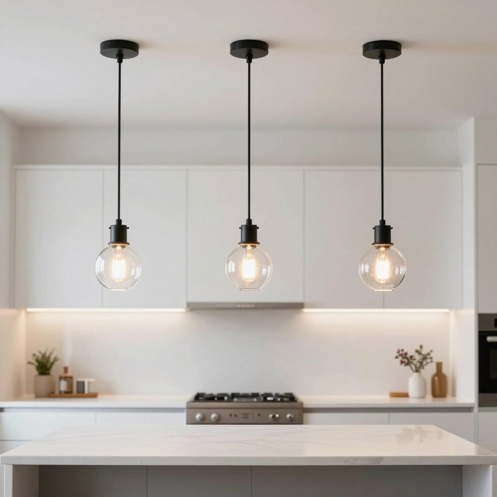 Three identical pendant lights arranged in a line over kitchen island
