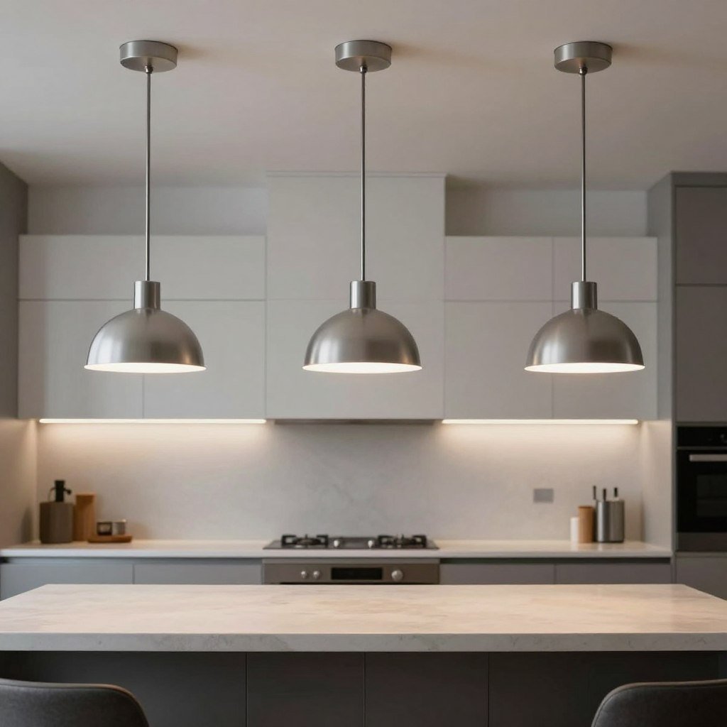 Three identical pendant lights evenly spaced over a long kitchen island Three identical pendant lights evenly spaced over a long kitchen island