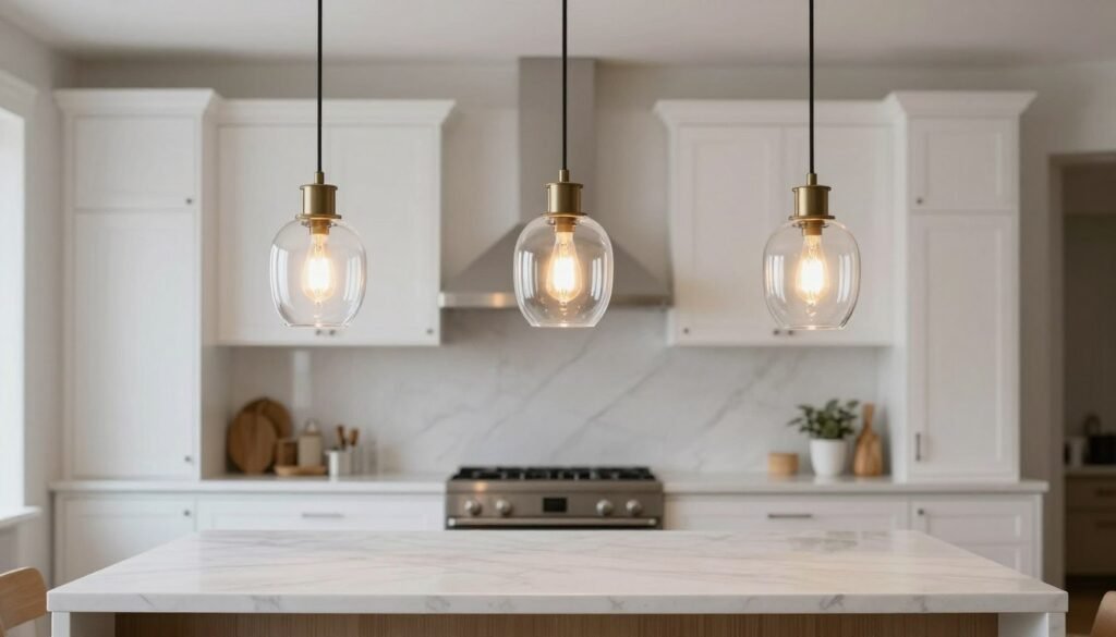 Three modern pendant lights hanging over a kitchen island