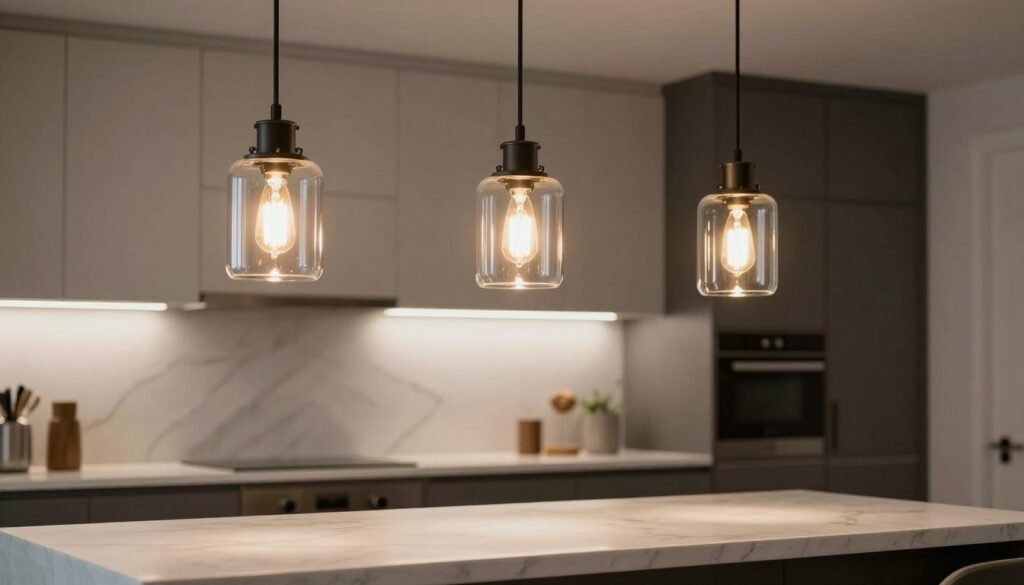 Three modern pendant lights hanging over a kitchen island providing focused illumination