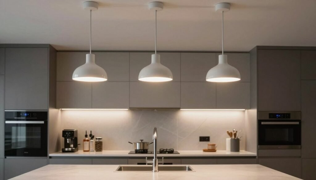 Three pendant lights at staggered heights over kitchen island