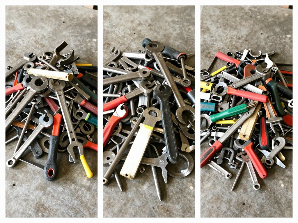 Three separate piles of tools categorized as keep, donate, and discard