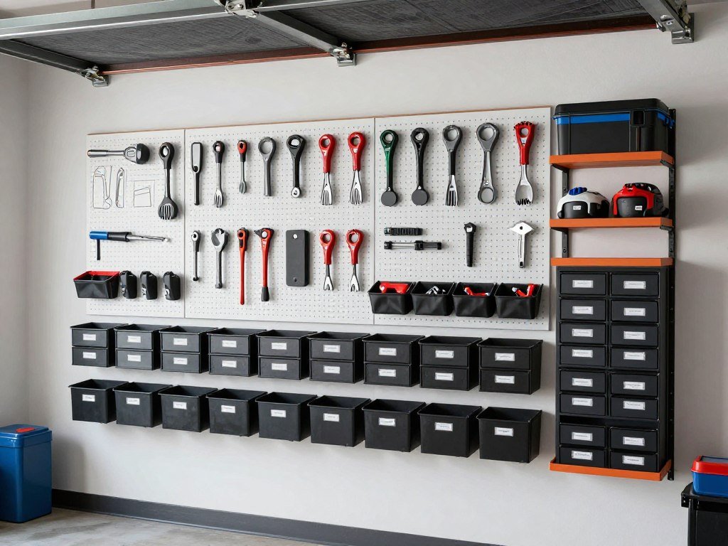 Tool organization system in a converted garage workshop with pegboard and labeled storage Tool organization system in a converted garage workshop with pegboard and labeled storage
