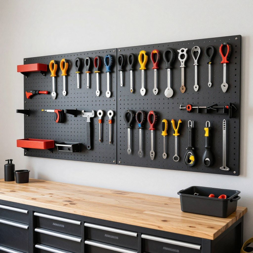 Tool zone with pegboard wall and organized workbench