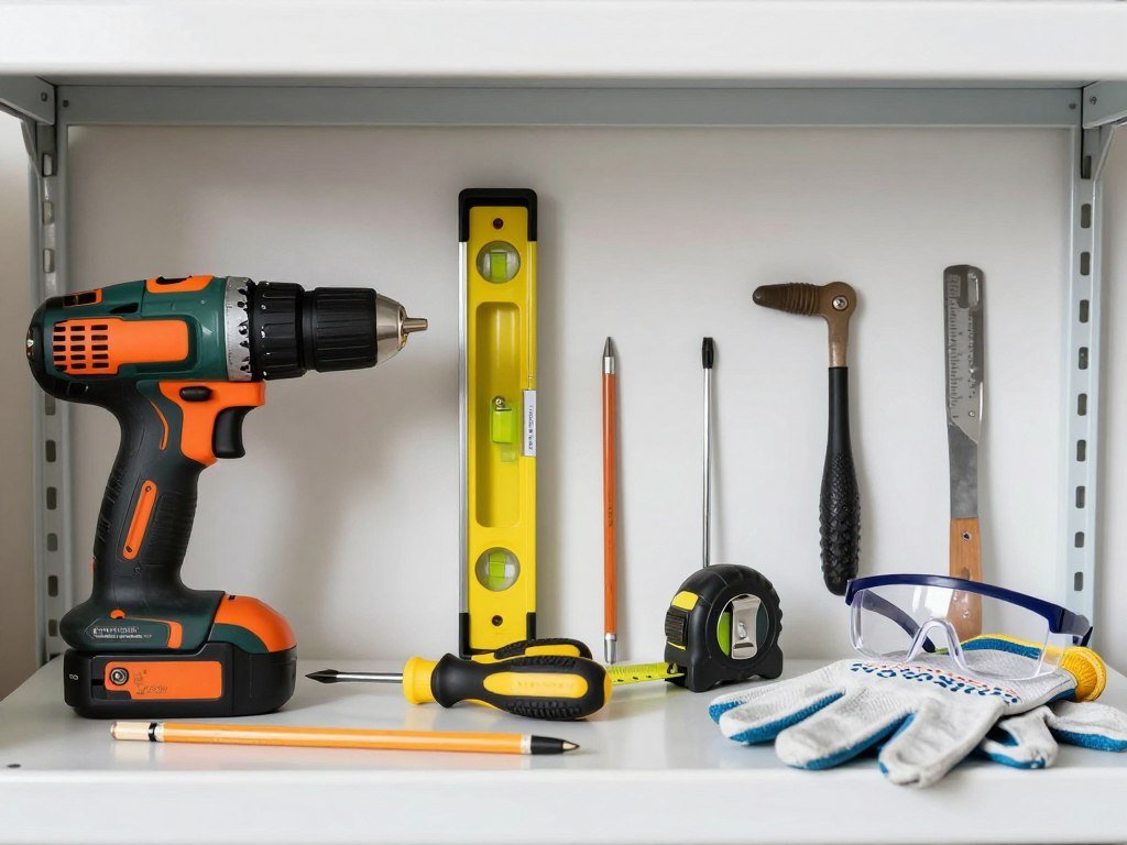 Tools laid out for garage shelving installation including drill, level, and stud finder
