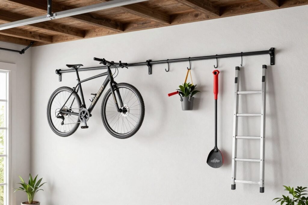 Track-based wall system with adjustable hooks and shelves
