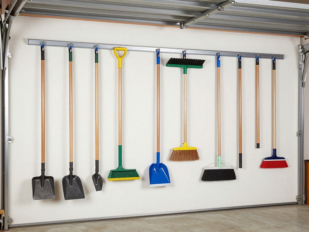 Track system holding various yard tools and equipment on garage wall