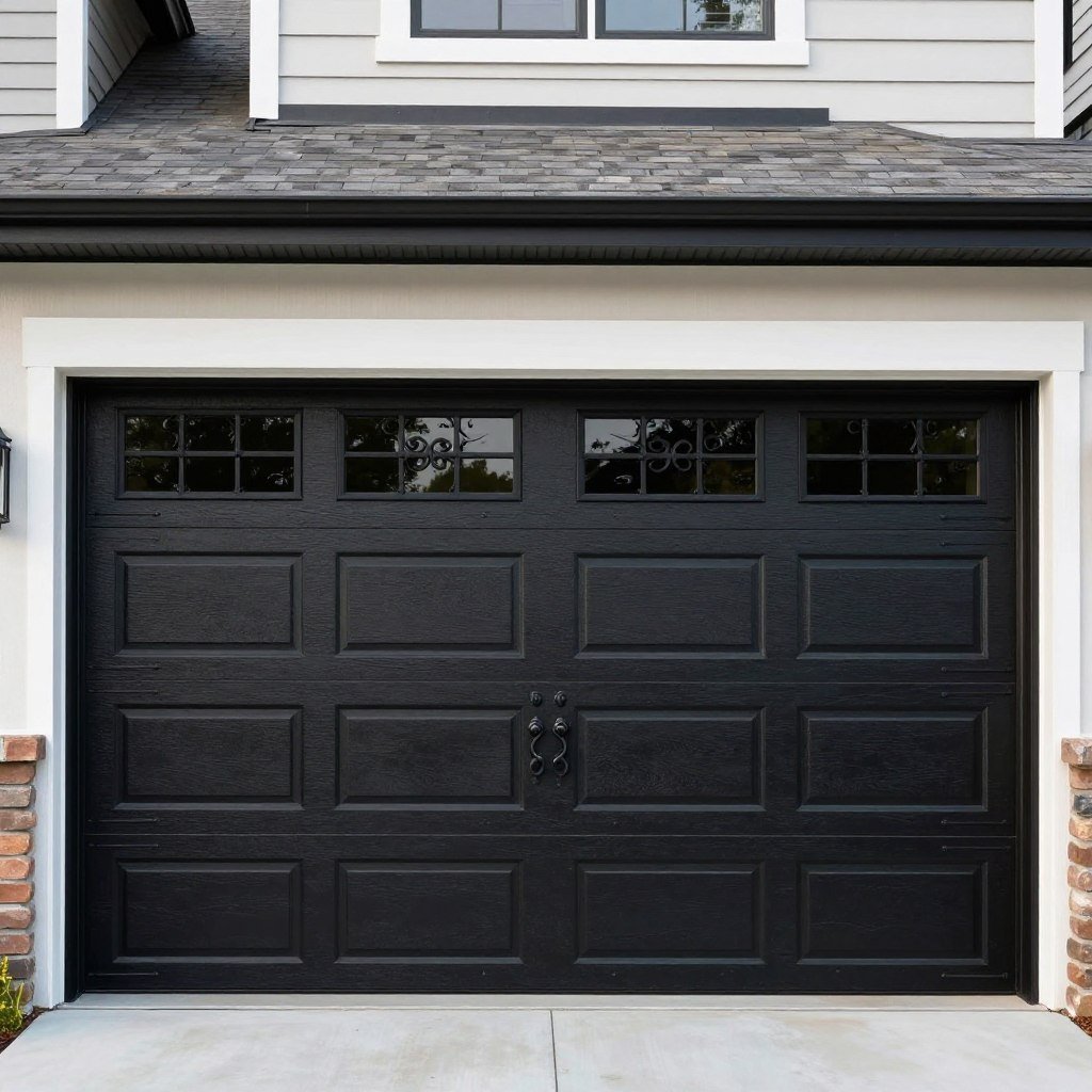 Traditional black carriage-style garage door with decorative hardware