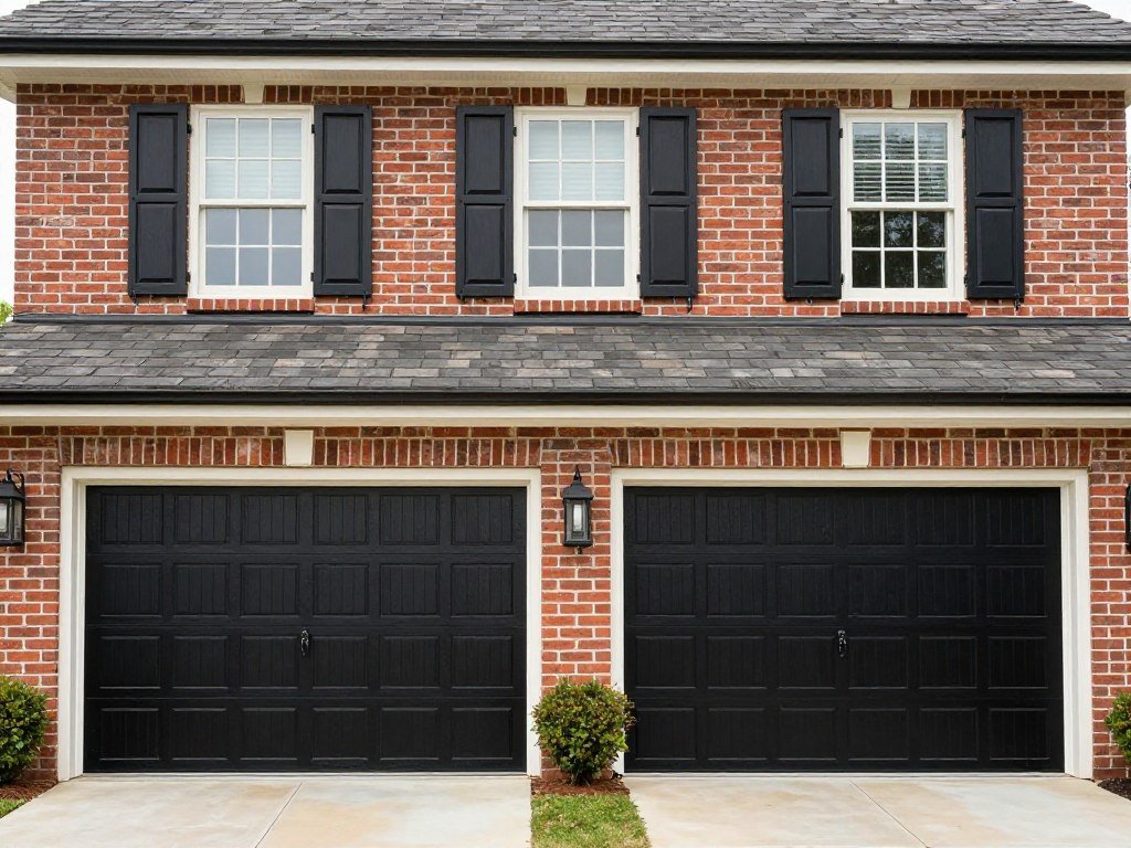 Traditional brick home with black paneled garage doors and matching shutters