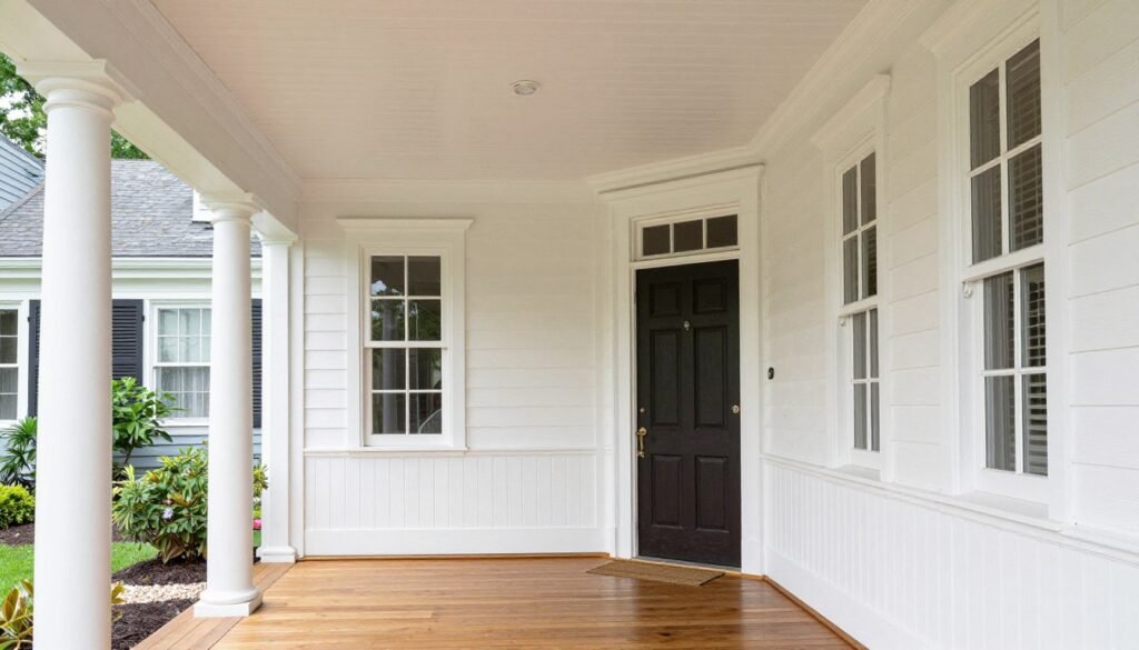 Traditional enclosed breezeway with columns and architectural details matching the main house