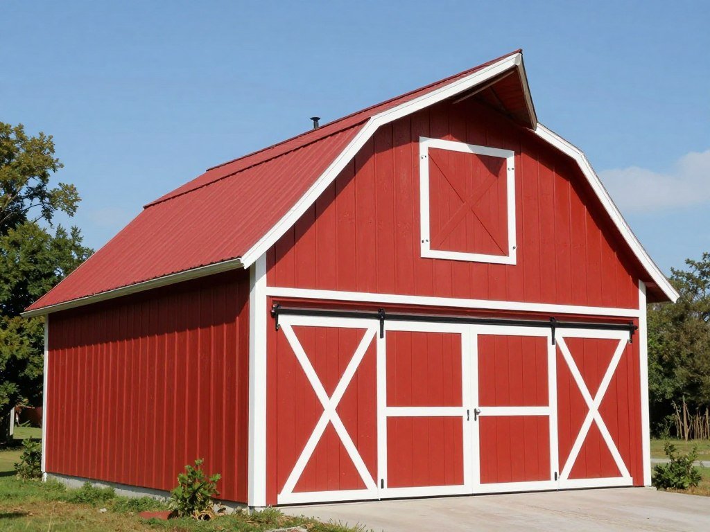 Traditional red barn style garage with white trim and classic proportions Traditional red barn style garage with white trim and classic proportions