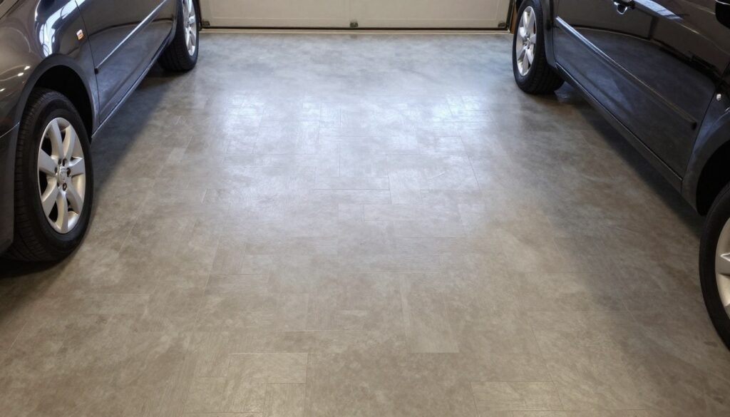 Transformed garage floor with epoxy coating or interlocking tiles, enhancing the overall organization aesthetic