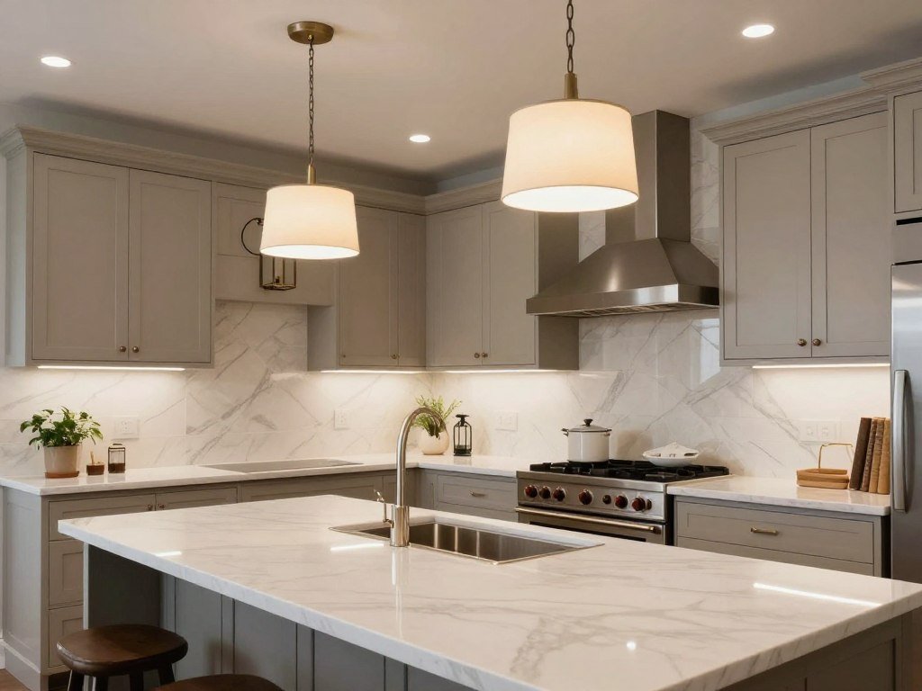 Transitional kitchen with balanced lighting fixtures combining traditional and modern elements Transitional kitchen with balanced lighting fixtures combining traditional and modern elements