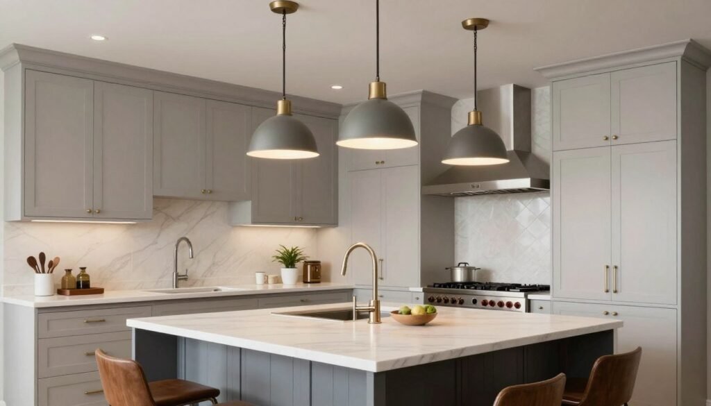 Transitional pendant lights over kitchen island