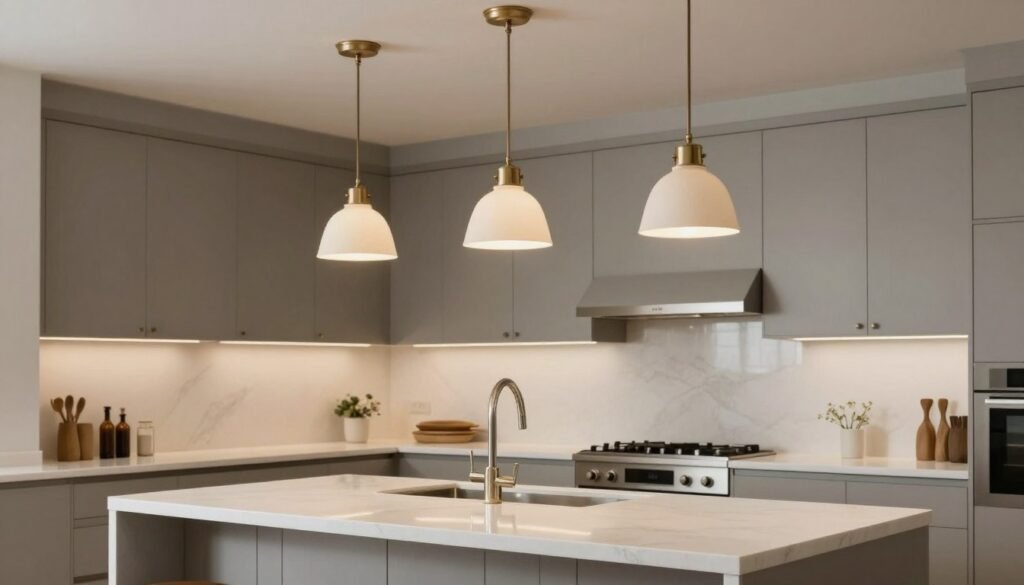 Transitional style pendant lights with a blend of traditional and modern elements over a kitchen island