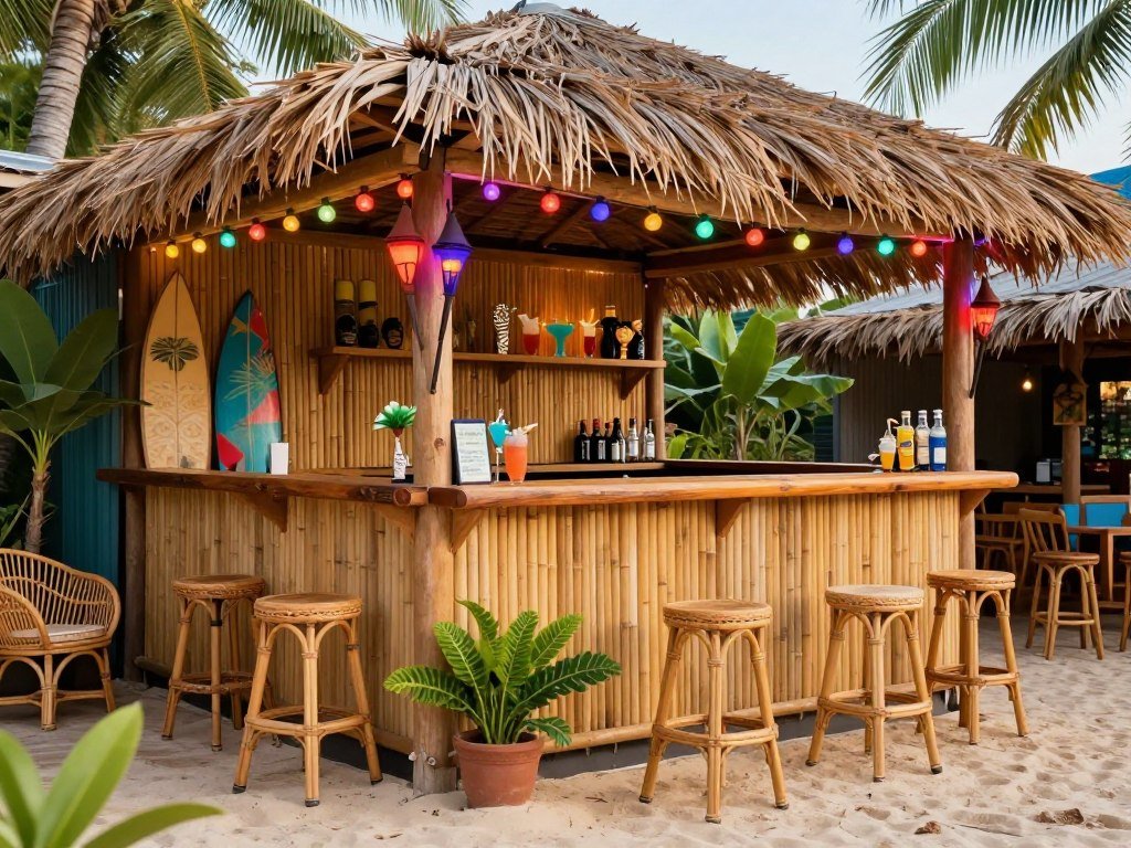 Tropical tiki garage bar with bamboo elements and island vibes