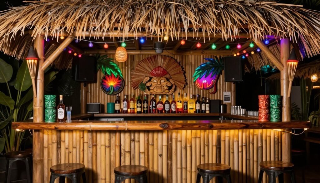 Tropical tiki-themed garage bar with bamboo and thatch elements