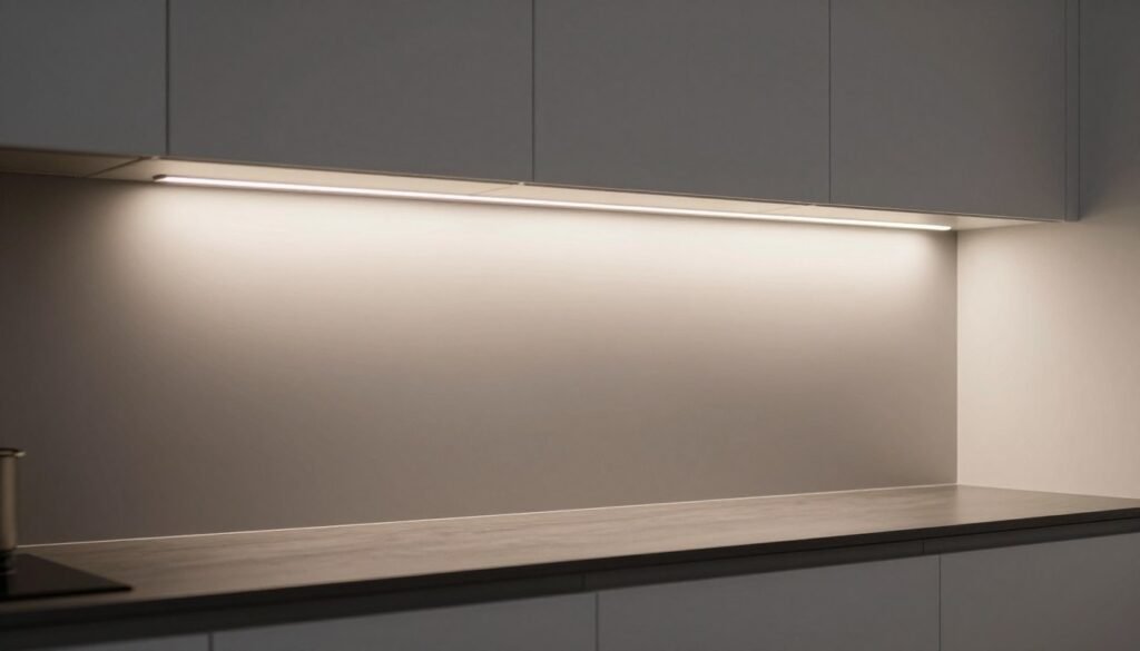 Under-cabinet LED lighting illuminating a kitchen countertop and backsplash