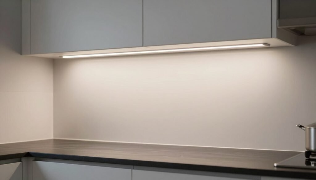 Under-cabinet LED lighting illuminating kitchen countertop workspace