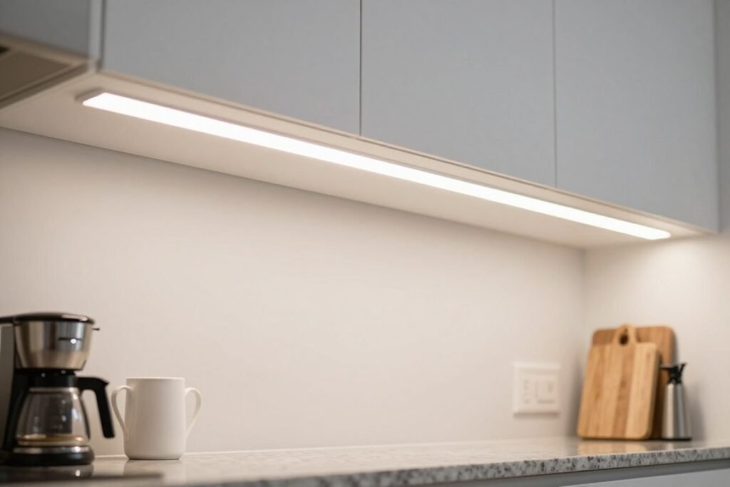 Under-cabinet lighting illuminating kitchen countertop workspace Under-cabinet lighting illuminating kitchen countertop workspace